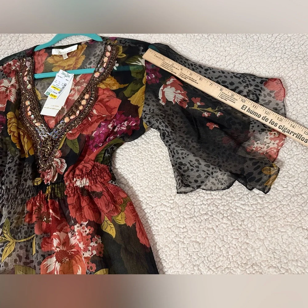Vintage Solitaire Beaded Floral Sheer Blouse Top Animal Print Butterfly Sleeves - Picture 7 of 12